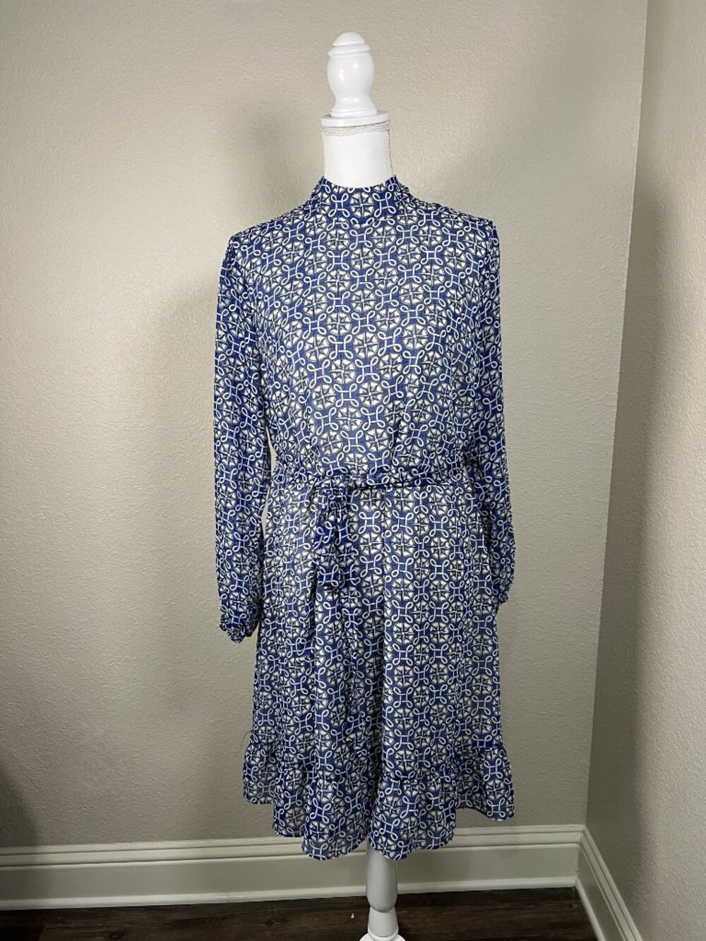 Boden Women’s Blue White Nautical High Neck Long Sleeve Fit & Flare Size 14
